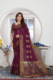Wine Zari Woven Design Chanderi Cotton Saree
